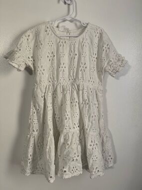 Girls' White Eyelet Tiered Dress with Ruffle Sleeves